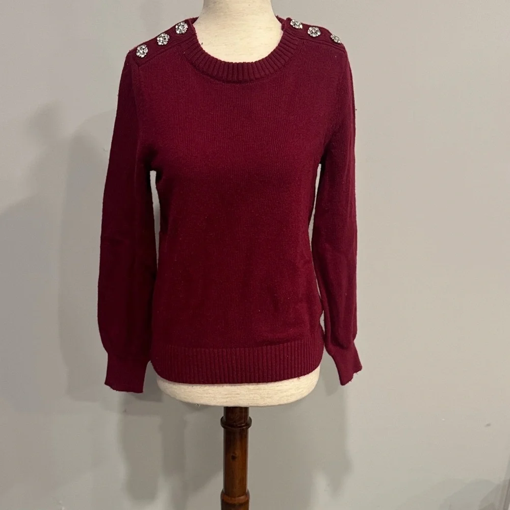 J Crew Red Sweater with Embellished Flower Rhinestone Shoulder Detail XS